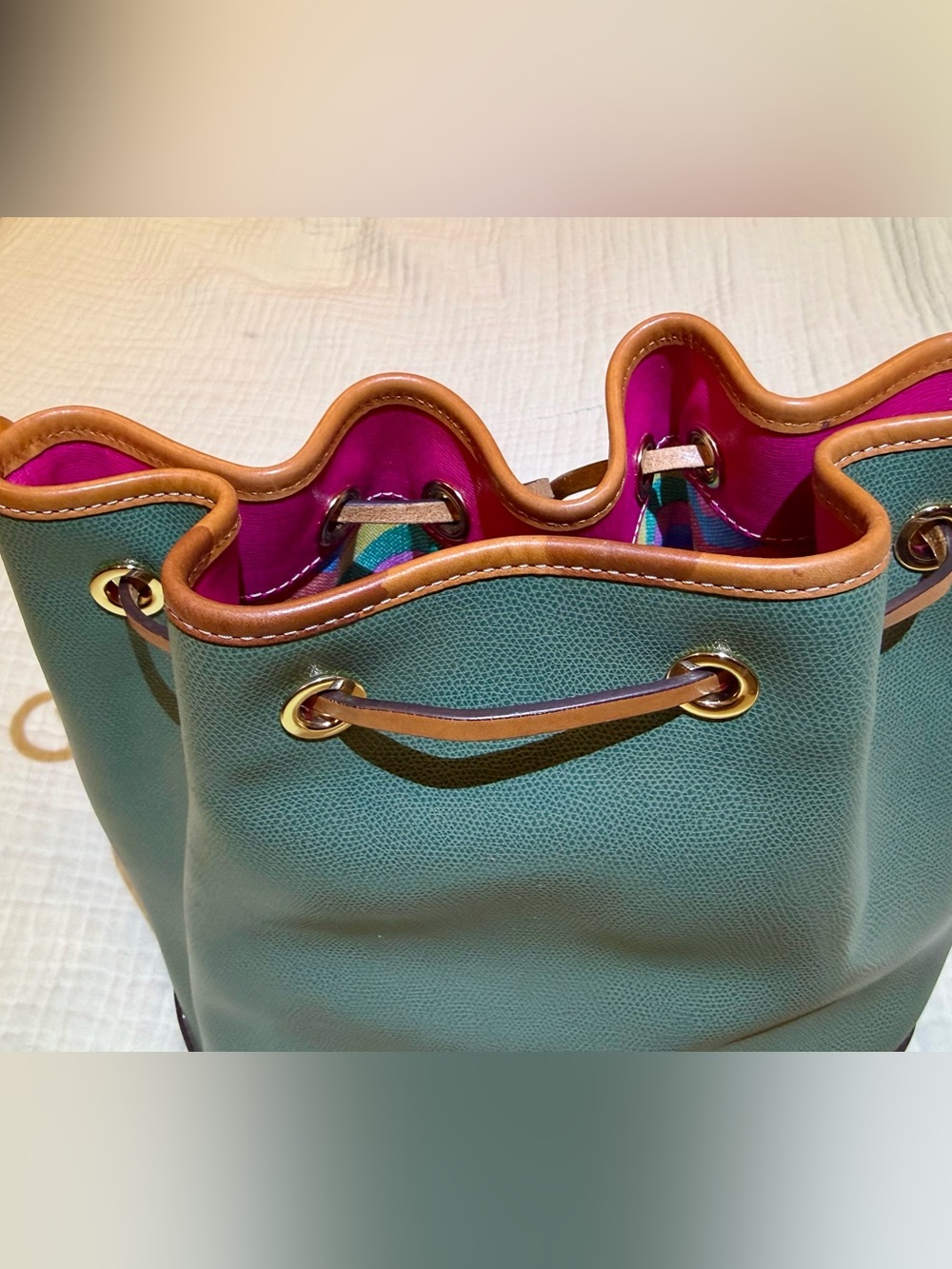 Dooney & Bourke Olive Green Leather Drawstring Bucket Bag w/ Tan Trim - Picture 7 of 9